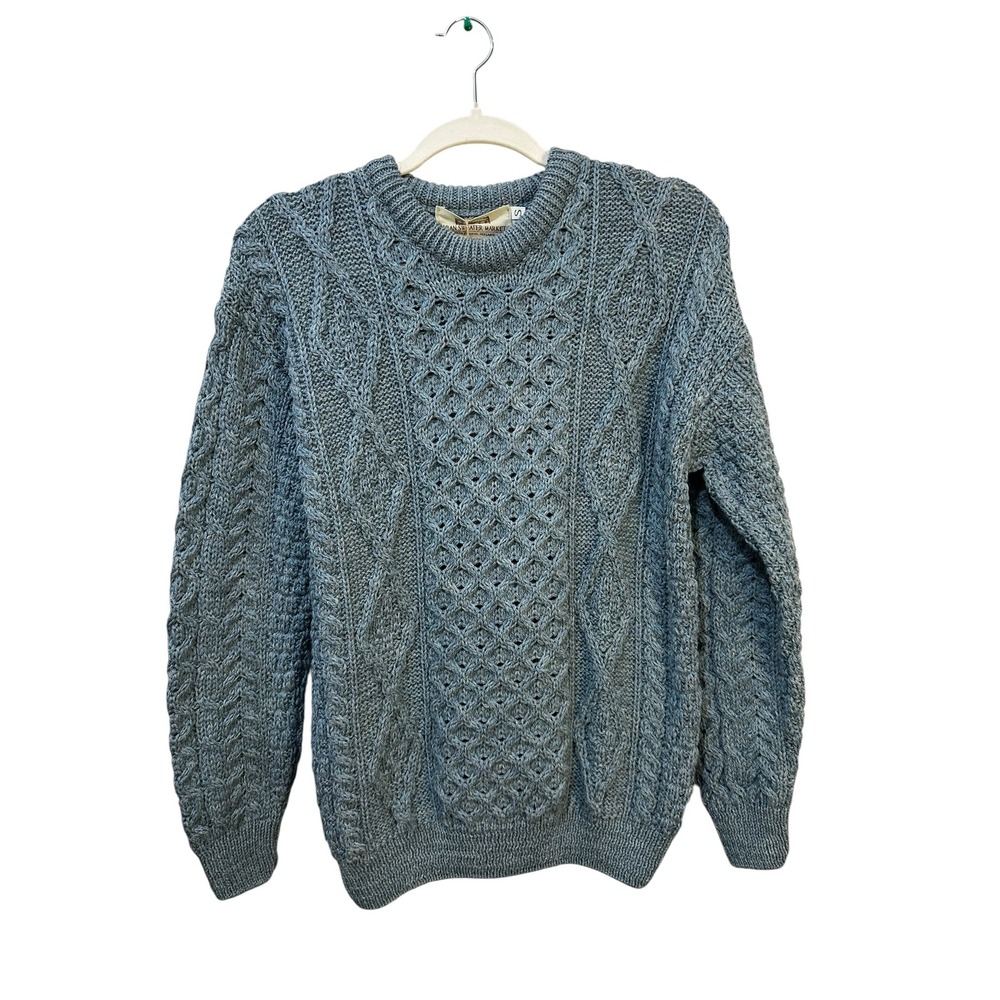 Aran Sweater Market Mens Small Blue Grey Cable Knit Wool Sweater Made in Ireland